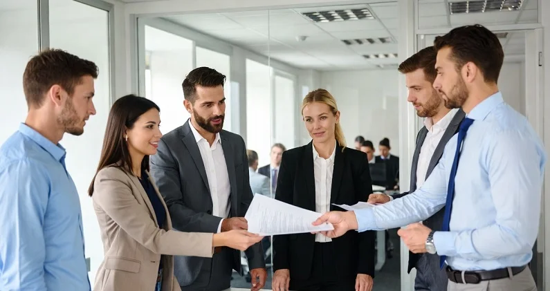 Professional business team in a modern office reviewing commercial mortgage documents together during a meeting.