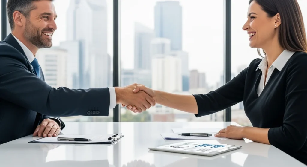 Happy borrower and loan officer finding capital for Commercial Mortgage Maturity Default Refinancing