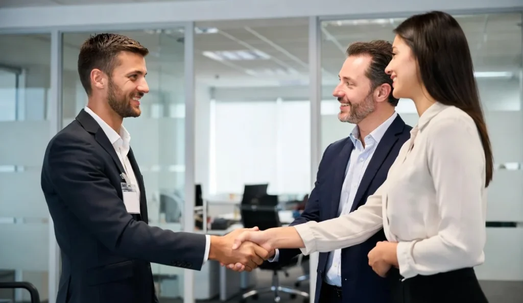 Loan officer and borrowers shaking hands after closing a deal to get the lowest investment property loan rates