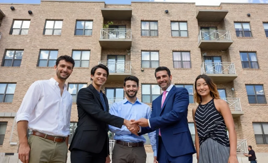 Professionals shaking hands after completing a hard money loan for a real estate project.