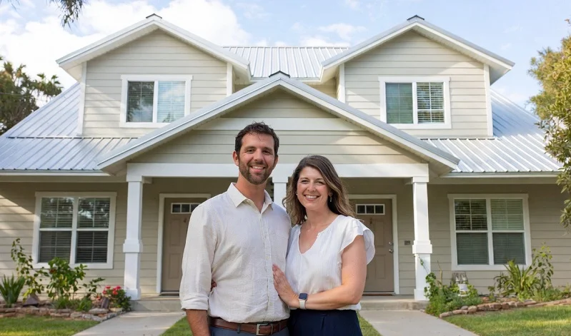 Happy smiling couple posing together in front of a modern two-story duplex house, representing Hard Money Refinance as an Exit Strategy in multifamily real estate investing.