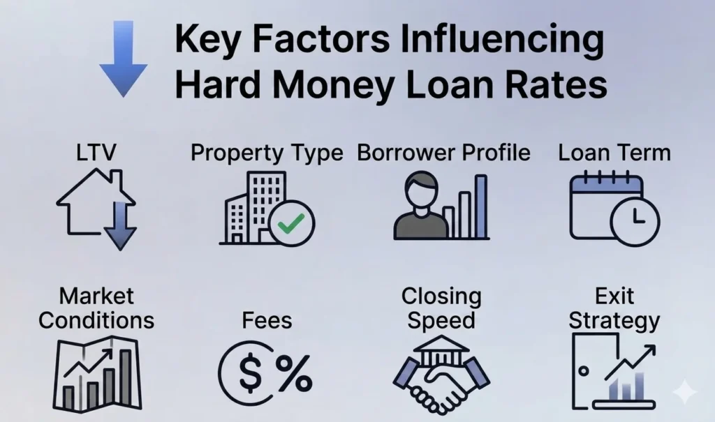 Infographic showing the Key Factors Influencing Your Hard Money Loan Rate