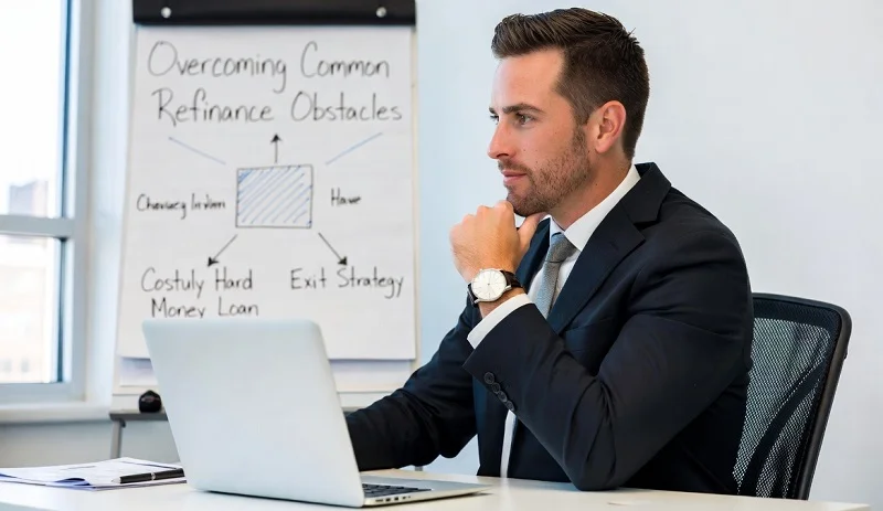 A thoughtful man sitting at his desk, leaning forward with a focused expression while working on a laptop, appearing to think through solutions as he overcomes common refinance obstacles in multifamily lending.