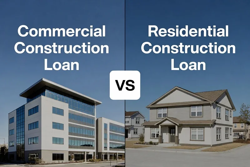 Comparison of residential vs. commercial construction loans featuring office building and family home illustrating key differences in financing