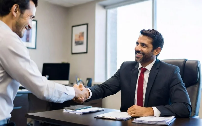 Two professional men happily shaking hands in agreement following a successful hard money refinance transaction, capturing the positive outcome and The Purpose of a Hard Money Loan for multifamily real estate projects.