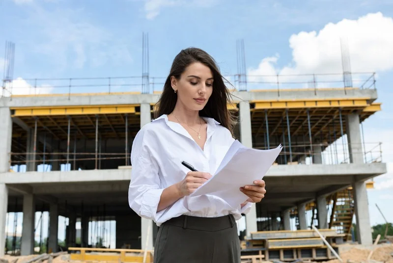 Construction professional reviewing documents at building site to estimate construction loan cost and project expenses