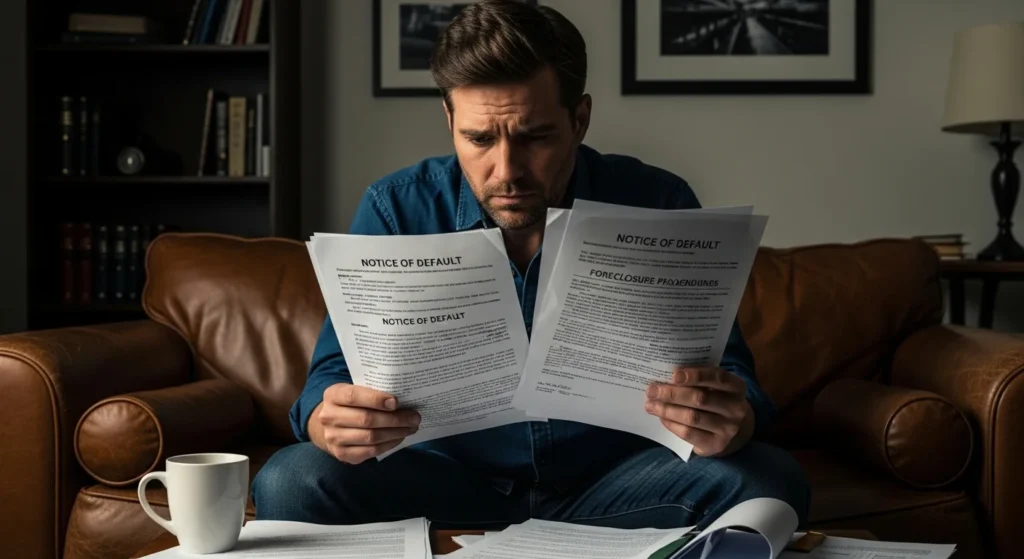 Worried borrower feeling tense upon seeing the Commercial Mortgage Maturity Default notice- detailed infographic on what happens immediately after commercial mortgage maturity default